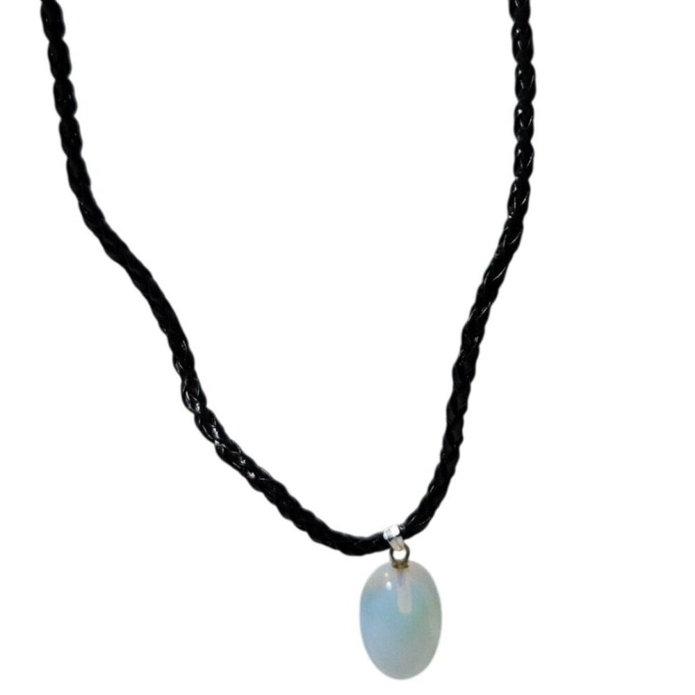 Opal Pendant Necklace Iridescent Oval Stone Black Braided Cord Healing Spiritual